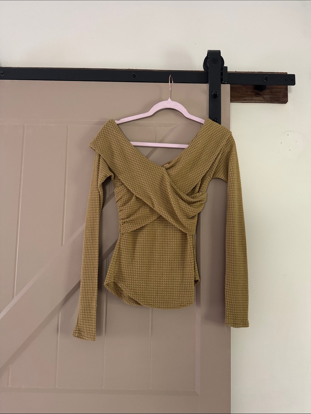 Free People Olive Green Waffle Knit Cross-Front Long Sleeve Top